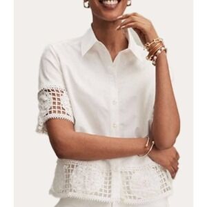 NWT Chico's Size 4 / 20 Poplin White Crochet Trim Short Shirt Sleeve Camp Shirt